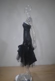 Black PU Leather Lace Strapless Ruffle Long Dress