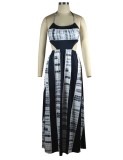 Stripe Print Black Cut Out Halter Sleeveless Backless Cami Maxi Dress