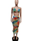 Tie Dye Halter Cami Bikini and Hollow Out Maxi Skirt 3PCS Set