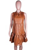 Brown PU Leather Midi Neck Sleeveless Loose Mini Dress
