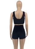 Black Velvet Sleeveless Tank Crop Top and Drawstring Shorts 2PCS Set