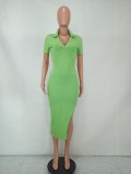 Green Turndown Collar V-Neck Short Sleeves Slit Long Dress