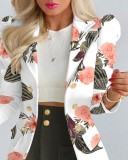 White Floral Turndown Collar Long Sleeves Button Blazer and Black Skirt 2PCS Set