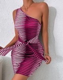 Geometric Print One Shoulder Sleeveless Belt Slim Fit Mini Dress