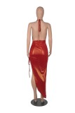 Red Metallic Halter Sleeveless Backless Cami Long Dress