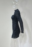 Black Sequin Midi Neck Slit Long Sleeve Keyhole Mini Dress