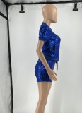 Blue Sequin Zip Up Short Sleeves Top and Drawstring Shorts 2PCS Set