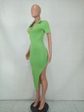 Green Turndown Collar V-Neck Short Sleeves Slit Long Dress