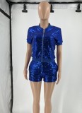 Blue Sequin Zip Up Short Sleeves Top and Drawstring Shorts 2PCS Set
