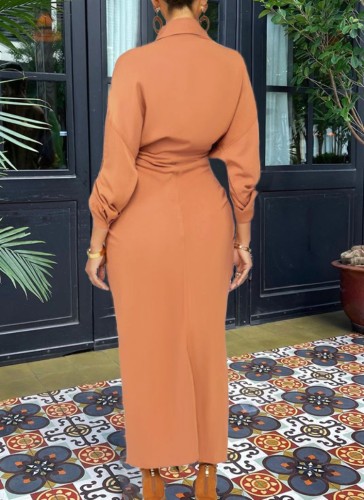 Orange Turndown Collar Long Sleeves Button Up Long Blouse Dress