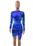 Print Blue Mesh O-Neck Long Sleeves Translucent Top and Mini Skirt 2PCS Set