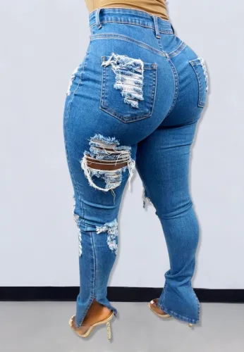 Blue Midi Waist Ripped Bodycon Jeans with Pocket