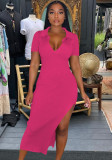 Rose Turndown Collar V-Neck Short Sleeves Slit Long Dress