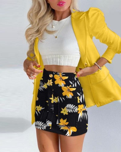 Yellow Turndown Collar Long Sleeves Button Blazer and Black Floral Skirt 2PCS Set