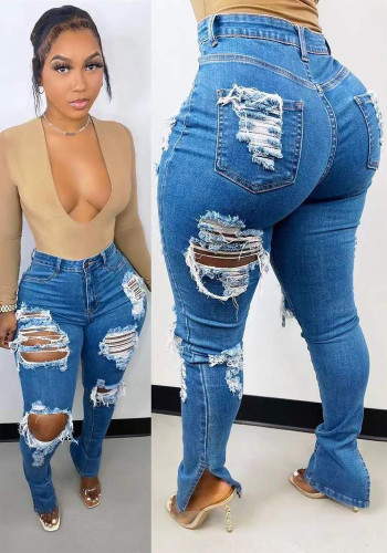 Blue Midi Waist Ripped Bodycon Jeans with Pocket