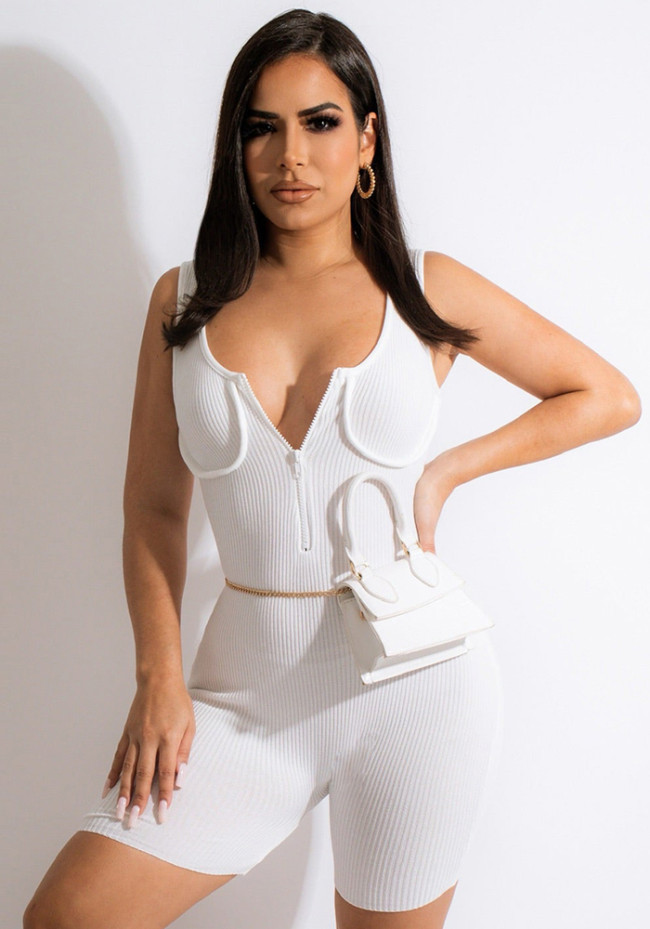 White Zipper Up Sleeveless Slinky Tank Rompers