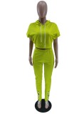Green Short Sleeves Hoody Crop Top and High Waist Lace Up Pants 2PCS Set