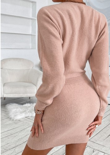 Pink O-Neck Bat Long Sleeves Mini Sweater Tunic Dresses
