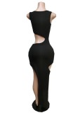 Black O-Neck Sleeveless Hollow Out Irregular Maxi Dress