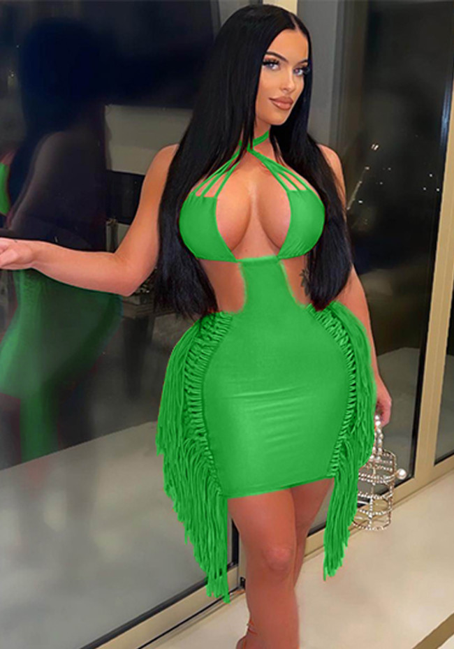 Green Cut Out Halter Sleeveless Backless Fringed Cami Mini Dress