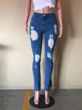 Blue Midi Waist Ripped Bodycon Jeans with Pocket