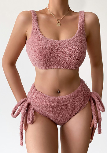 Pink Fleece Cami Sleeveless Crop Top and Shorts 2PCS Set