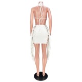 White Cut Out Halter Sleeveless Backless Fringed Cami Mini Dress