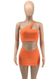 Orange One Shoulder Sleeveless Cami Crop Top and Mini Skirt 2PCS Set