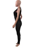 Black Velvet Mesh Patchwork V-Neck Sleeveless Slim Fit Jumpsuit