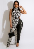 Zebra Print O-Neck Sleeveless Open Side Irregular Maxi Dress