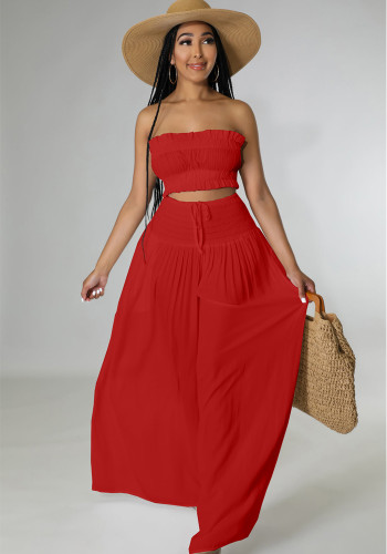Red Strapless Crop Top And High Waist Loose Pant 2PCS Set