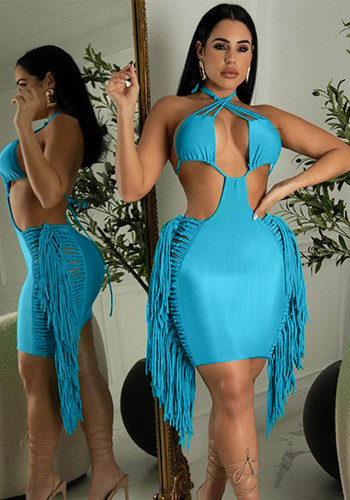 Blue Cut Out Halter Sleeveless Backless Fringed Cami Mini Dress