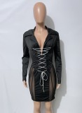 Black Deep-V Long Sleeves Lace Up Mini Slinky Dress