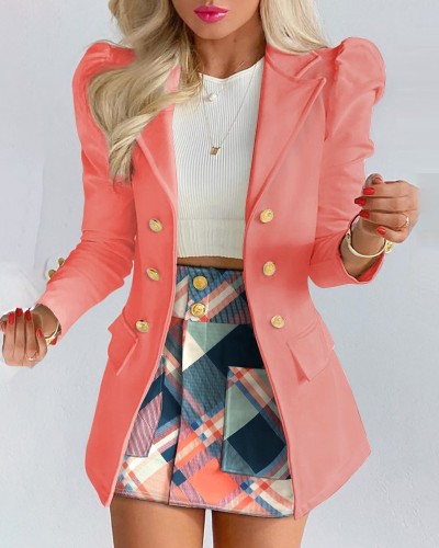 Pink Turndown Collar Long Sleeves Button Blazer and Plaid Skirt 2PCS Set