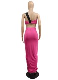 Pink One Shoulder Crop Top and High Waist Maxi Skirt 2PCS Set