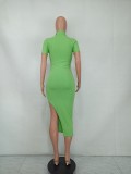 Green Turndown Collar V-Neck Short Sleeves Slit Long Dress