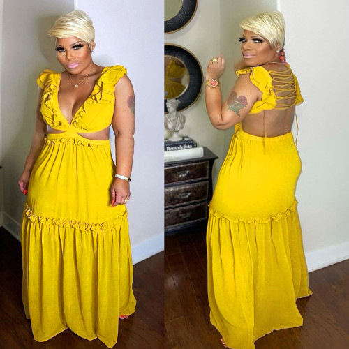 Sexy Yellow Ruffle Cut Out Plus Size Long Dress