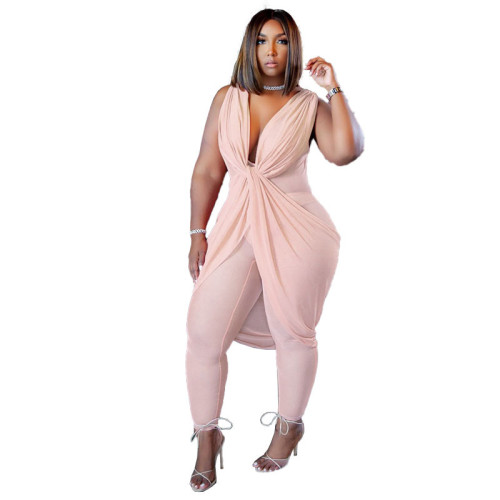Plus Size Pink V Neck Sleeveless Twisted Bodycon Jumpsuit