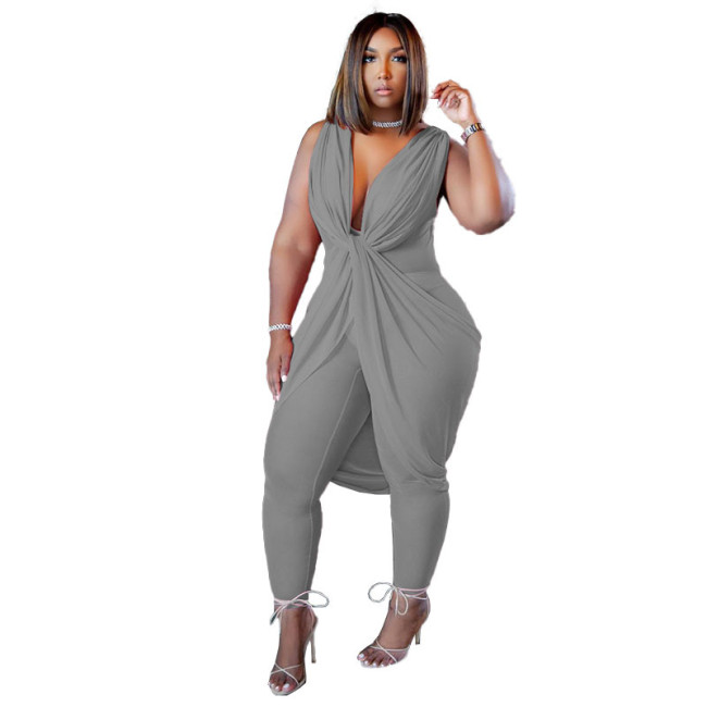 Plus Size Gray V Neck Sleeveless Twisted Bodycon Jumpsuit