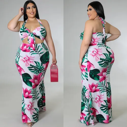 Plus Size Floral Print Halter Crop Top and Maxi Skirt Two Pieces