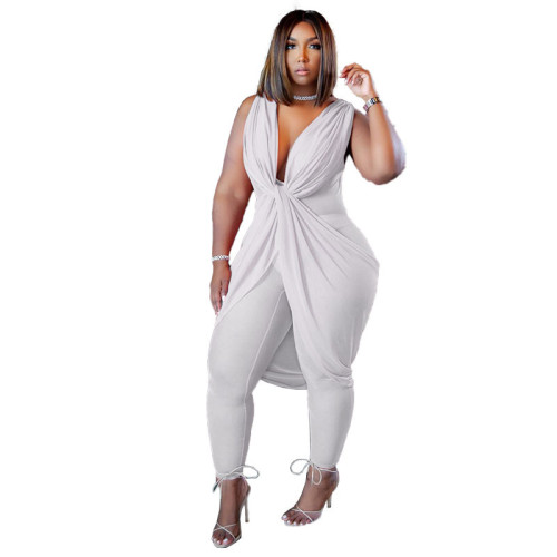 Plus Size White V Neck Sleeveless Twisted Bodycon Jumpsuit