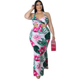 Plus Size Floral Print Halter Crop Top and Maxi Skirt Two Pieces