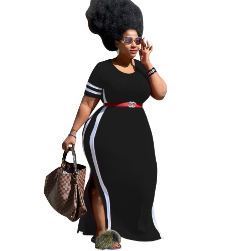 Plus Size Black Slit Long Dress with Side Stripes(Without Belt)