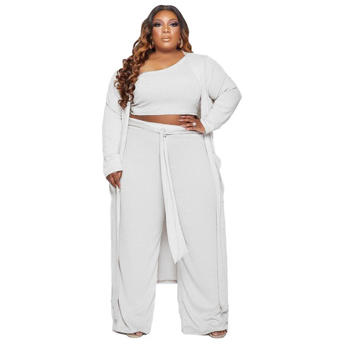 White Plus Size Three Pieces Tank Top + Pants + Cardigan