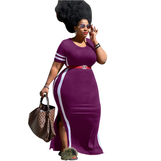 Plus Size Purple Slit Long Dress with Side Stripes(Without Belt)
