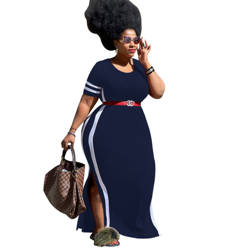 Plus Size Navy Slit Long Dress with Side Stripes(Without Belt)