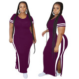 Plus Size Purple Slit Long Dress with Side Stripes(Without Belt)