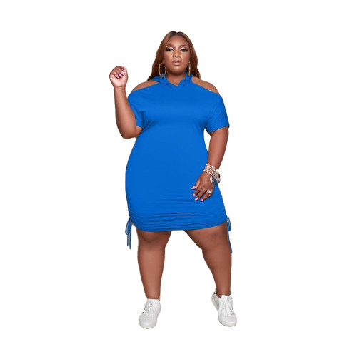Blue Cold Shoulder Drawstring Plus Size Sweat Dress with Hood