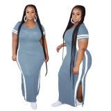Plus Size Somky Blue Slit Long Dress with Side Stripes(Without Belt)