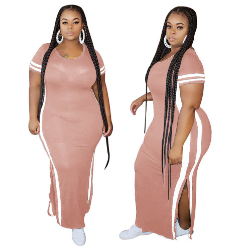 Plus Size Pink Slit Long Dress with Side Stripes(Without Belt)